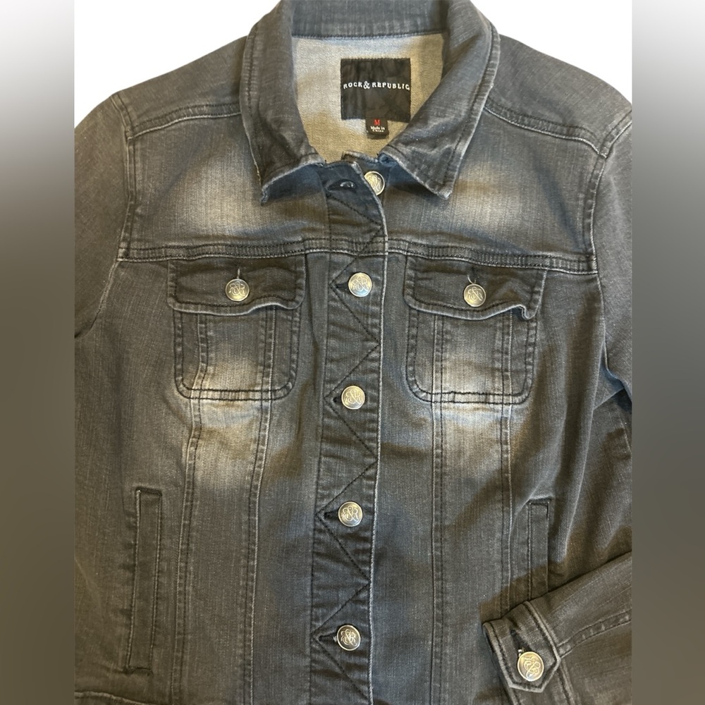 Rock & Republic Stretch Denim Jacket Black American Flag Size M - Picture 5 of 7